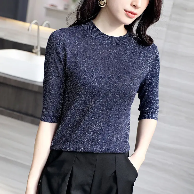 Women's 2019 Knitted Blue Round Neck Sweater