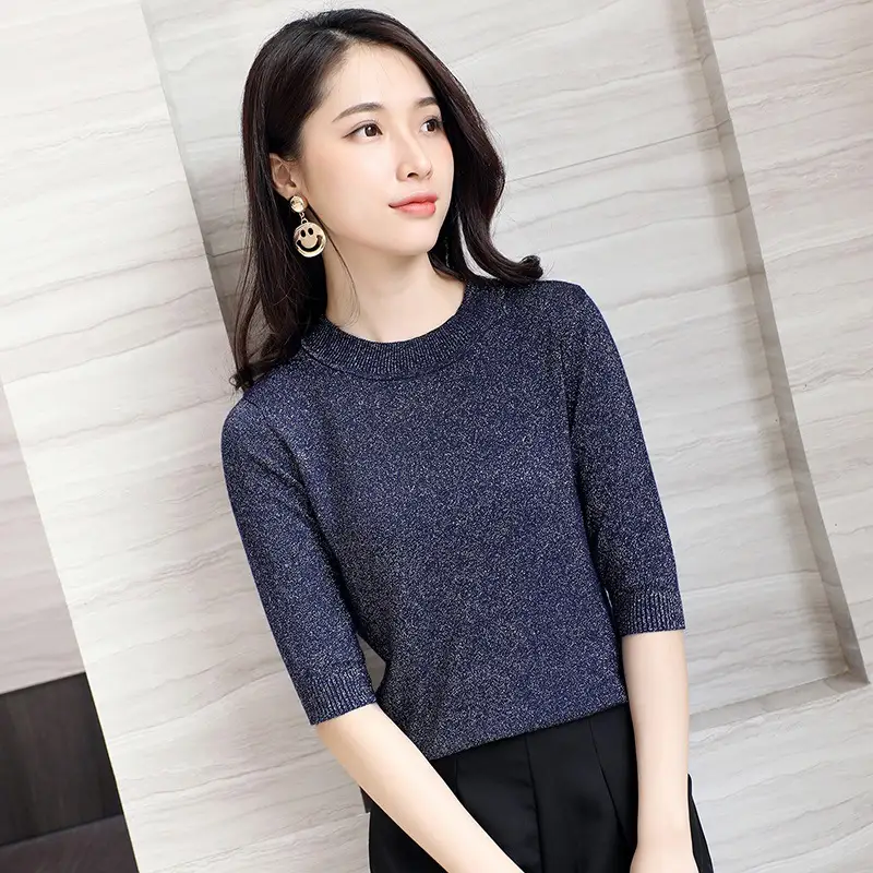 Women's 2019 Knitted Blue Round Neck Sweater