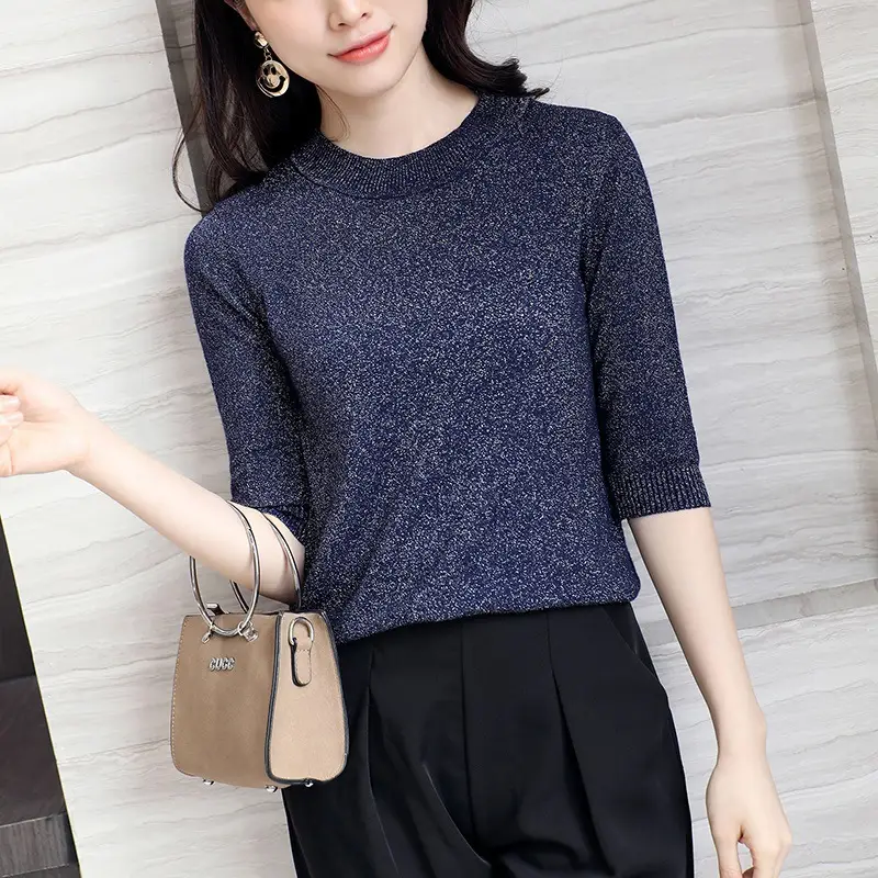 Women's 2019 Knitted Blue Round Neck Sweater
