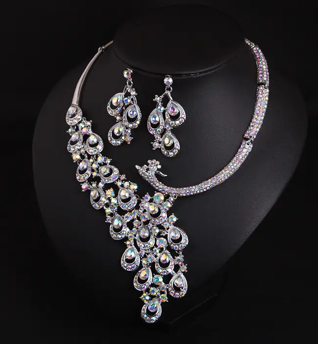Exaggerated Crystal Peacock Necklace Earrings Bridal Set - Image 5