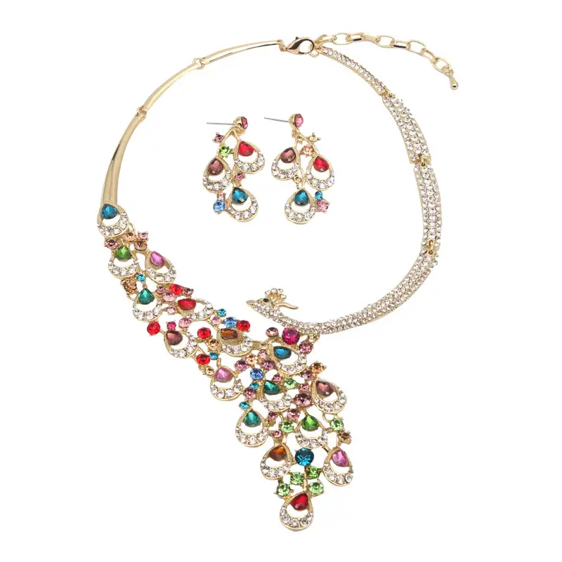 Exaggerated Crystal Peacock Necklace Earrings Bridal Set - Image 7