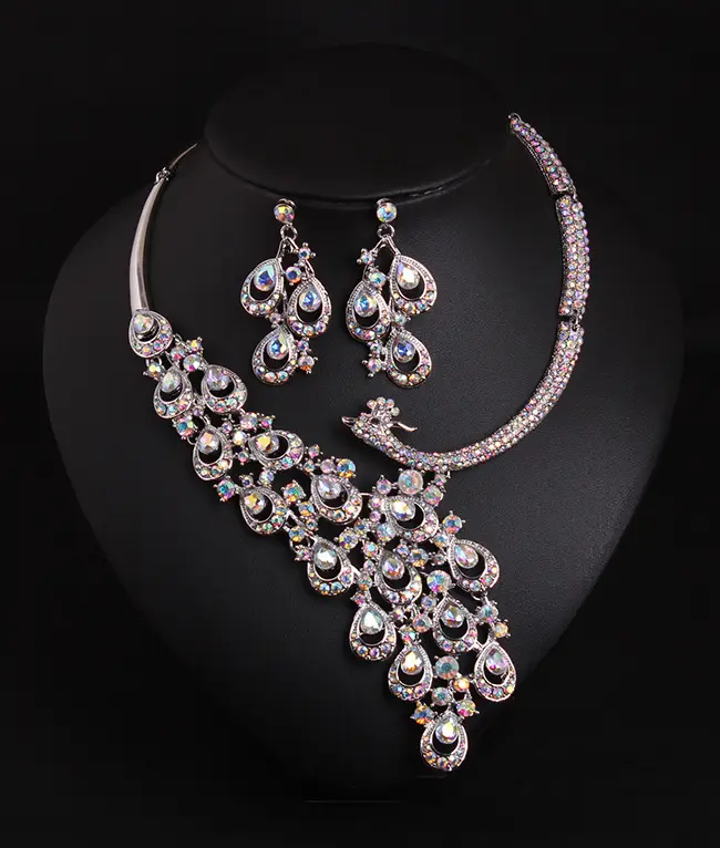 Exaggerated Crystal Peacock Necklace Earrings Bridal Set - Image 3