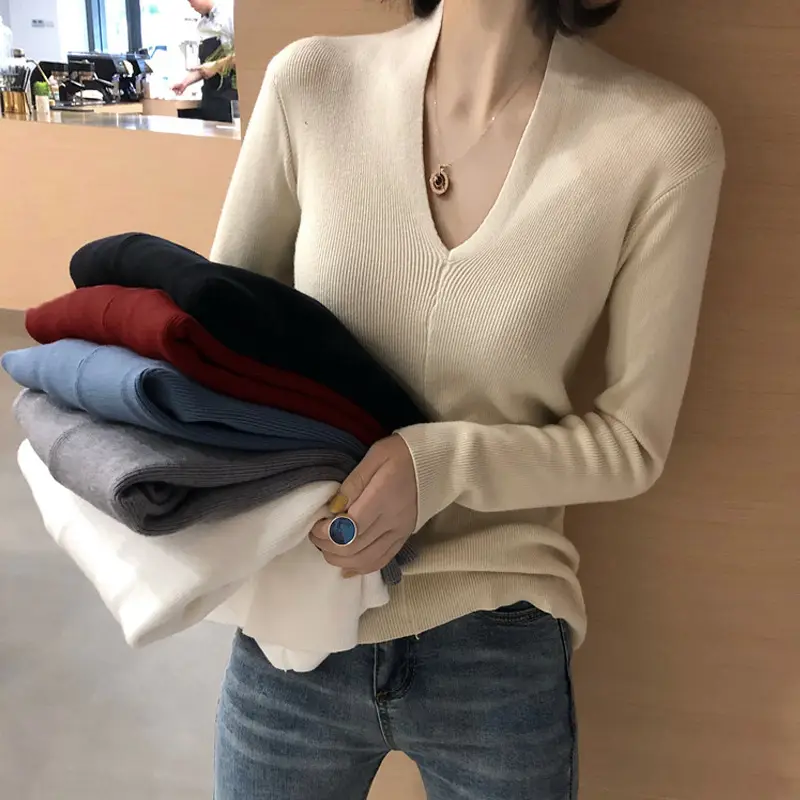 Women's Slim Fit V-Neck Sweater Red Winter Top - Image 7