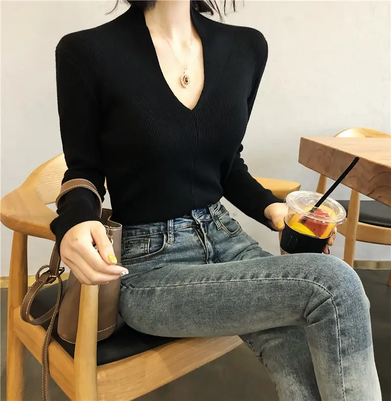 Women's Slim Fit V-Neck Sweater Red Winter Top — feature 15