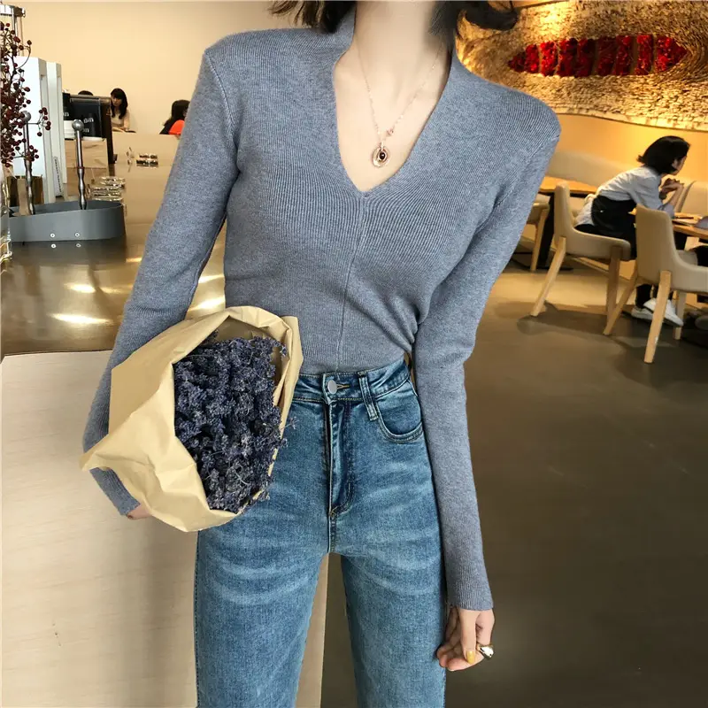 Women's Slim Fit V-Neck Sweater Red Winter Top — feature 17