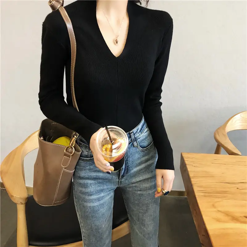 Women's Slim Fit V-Neck Sweater Red Winter Top - Image 2