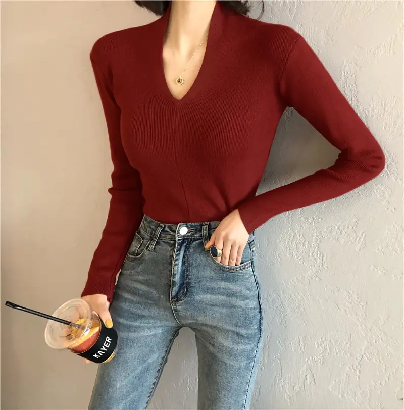 Women's Slim Fit V-Neck Sweater Red Winter Top - Image 4