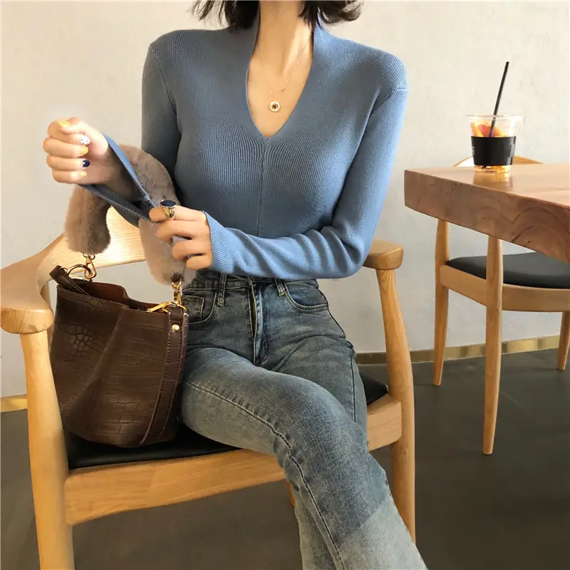 Women's Slim Fit V-Neck Sweater Red Winter Top - Image 5