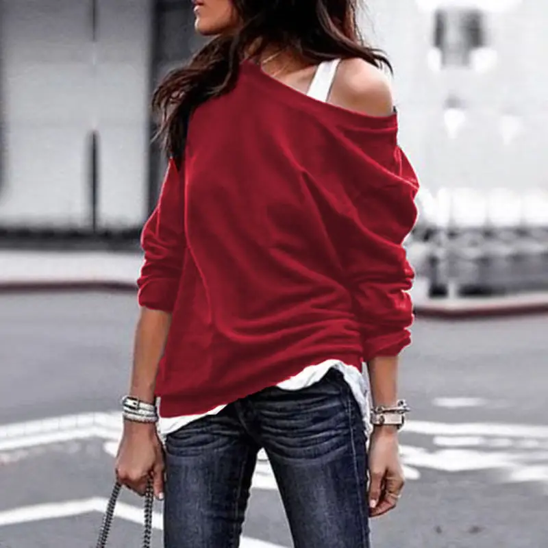 Women's Crew Neck Sweater Top Black Shoulder Long Sleeve - Image 3