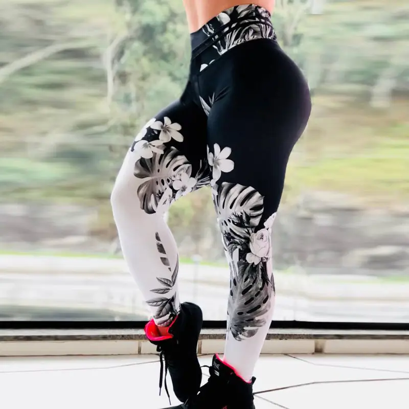 Ink Floral Slim Fit Yoga Pants High Waist Black White - Image 2