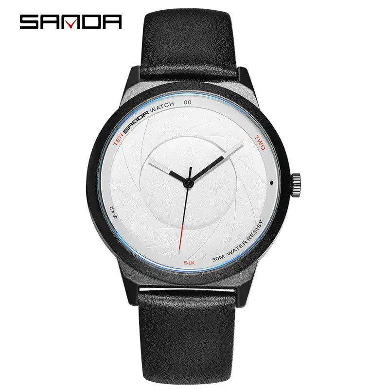 Sanda Men's Black Leather Quartz Watch White Dial - Image 3