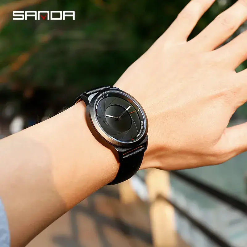 Sanda Men's Black Leather Quartz Watch White Dial - Image 4