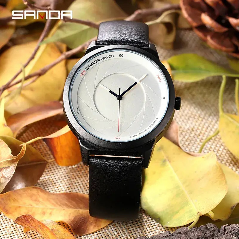 Sanda Men's Black Leather Quartz Watch White Dial - Image 5