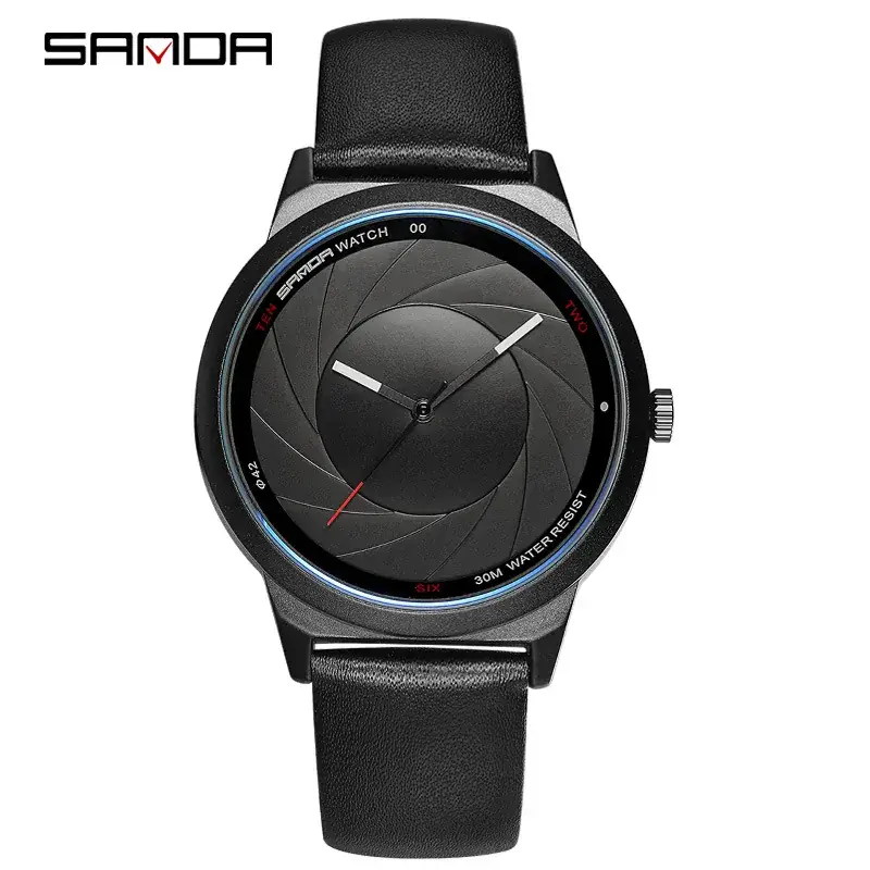 Sanda Men's Black Leather Quartz Watch White Dial - Image 6
