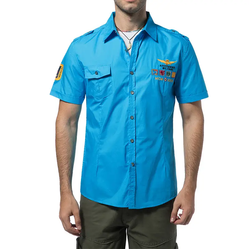 Men Japanese Flying Suit Blue Short Sleeve Shirt - Image 4