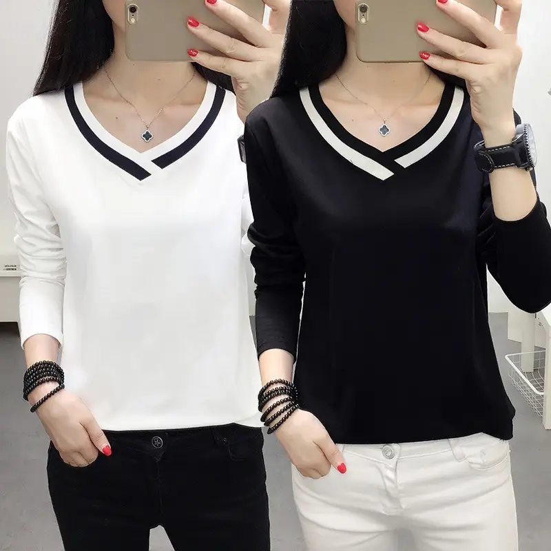 White Long Sleeve V-Neck T-Shirt Women Large - Image 3
