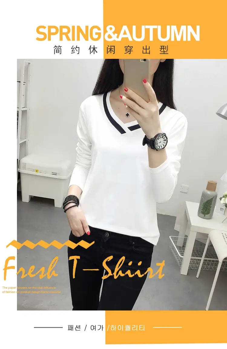 White Long Sleeve V-Neck T-Shirt Women Large — feature 1