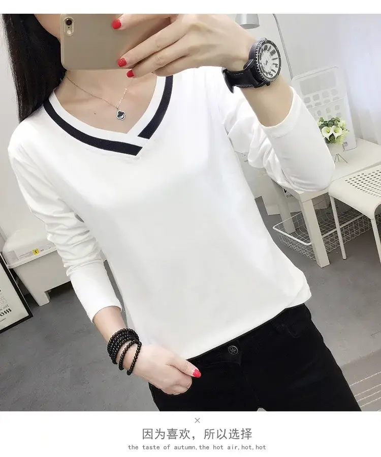 White Long Sleeve V-Neck T-Shirt Women Large — feature 10