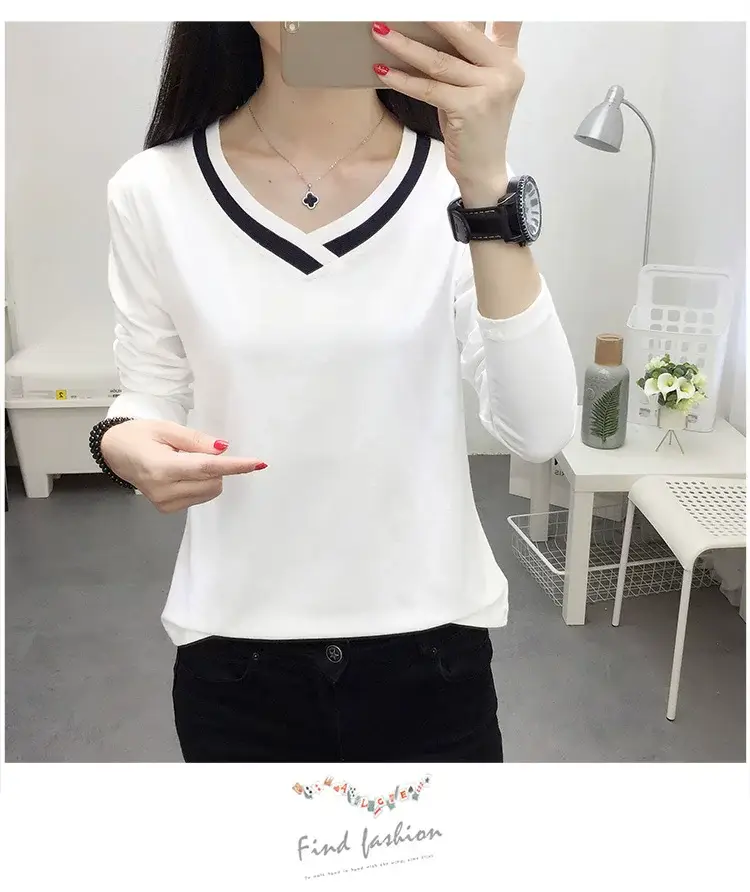 White Long Sleeve V-Neck T-Shirt Women Large — feature 11