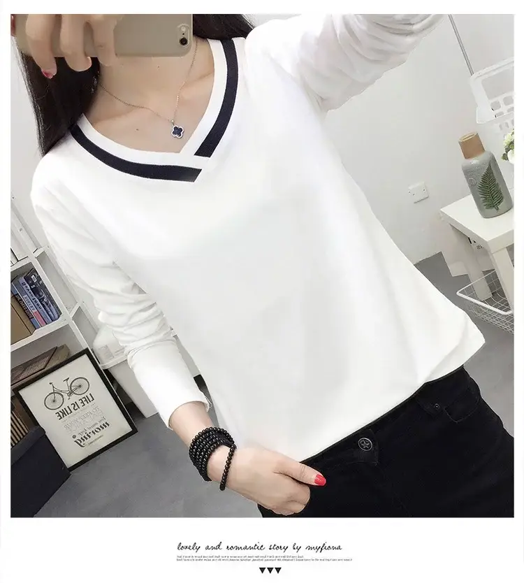 White Long Sleeve V-Neck T-Shirt Women Large — feature 13