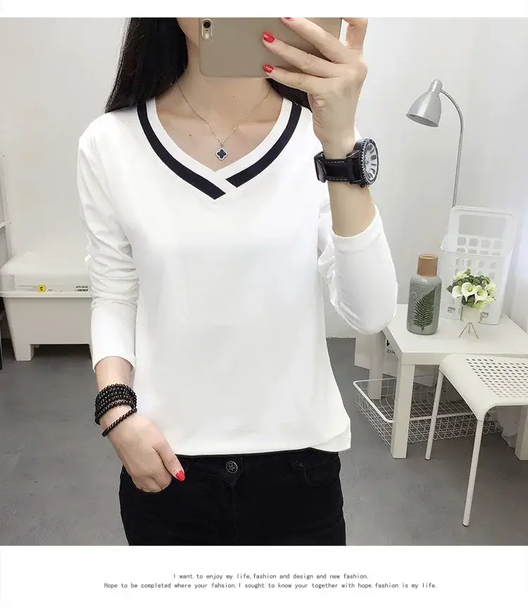 White Long Sleeve V-Neck T-Shirt Women Large — feature 16