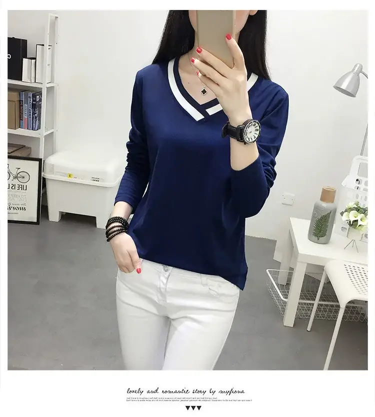 White Long Sleeve V-Neck T-Shirt Women Large — feature 21