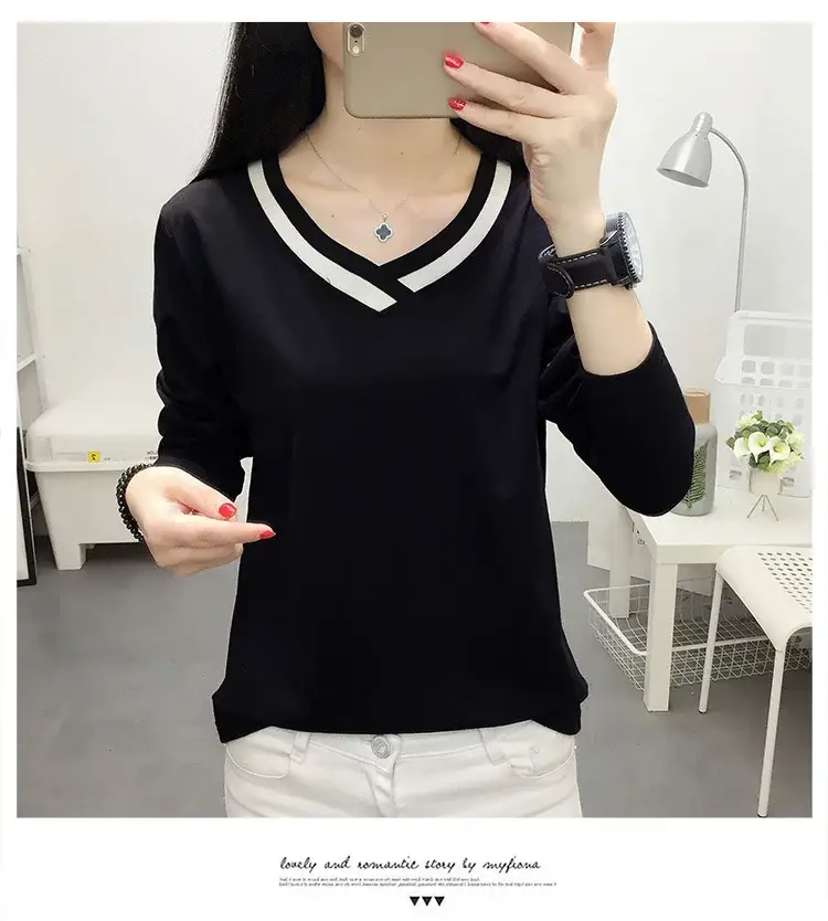 White Long Sleeve V-Neck T-Shirt Women Large — feature 30