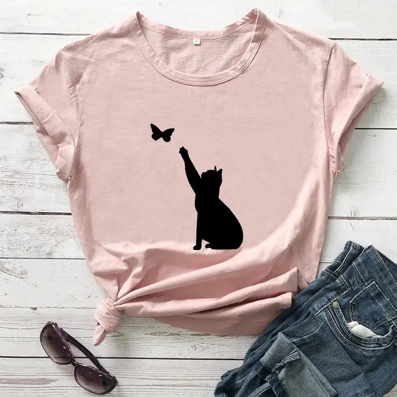 Men Women T-Shirt Blue Butterfly Cat Print - Image 10