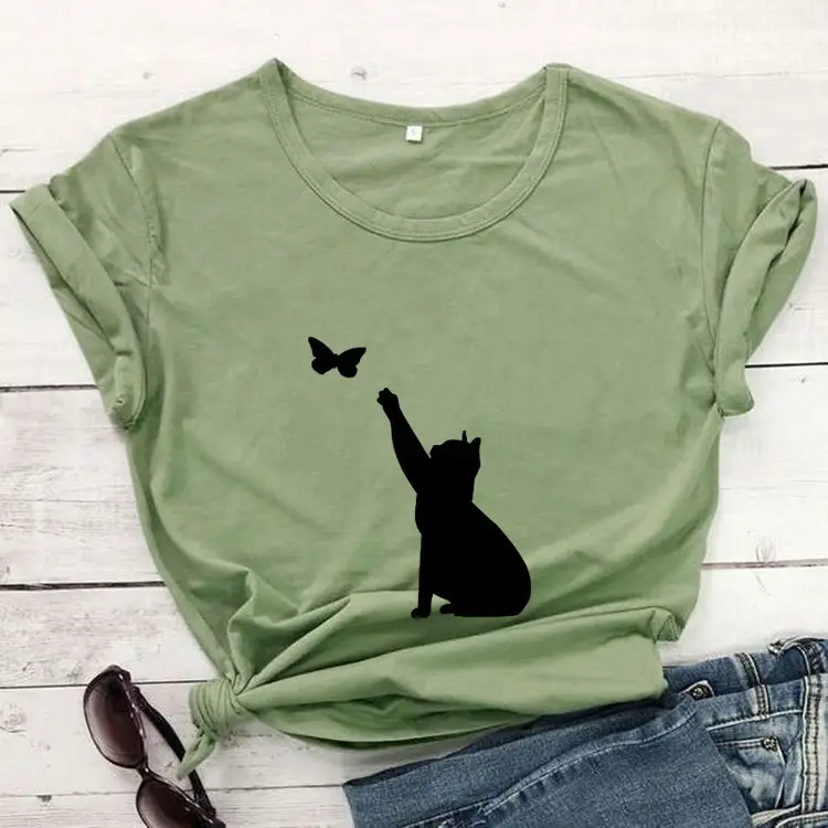 Men Women T-Shirt Blue Butterfly Cat Print - Image 11