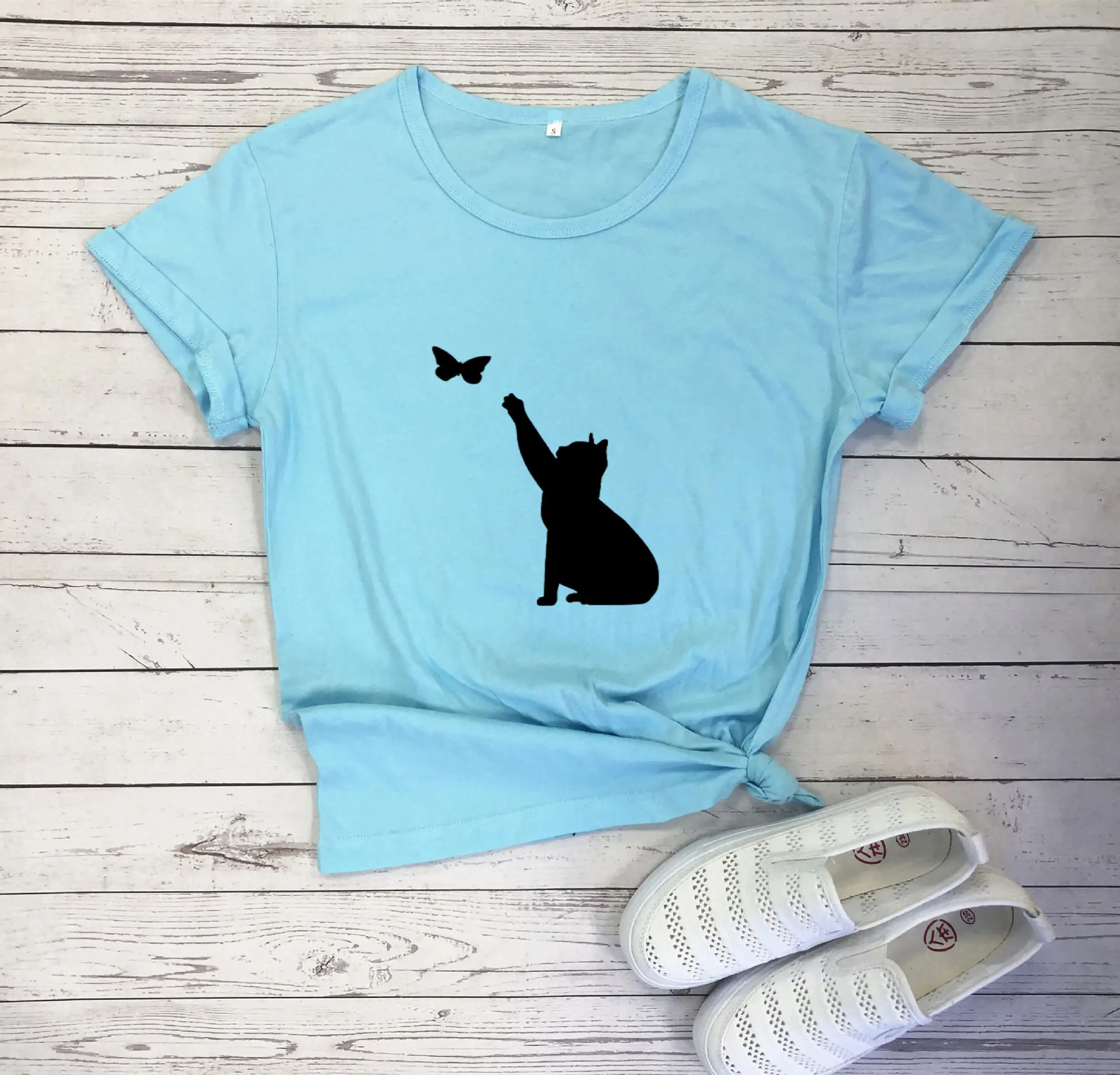 Men Women T-Shirt Blue Butterfly Cat Print - Image 12