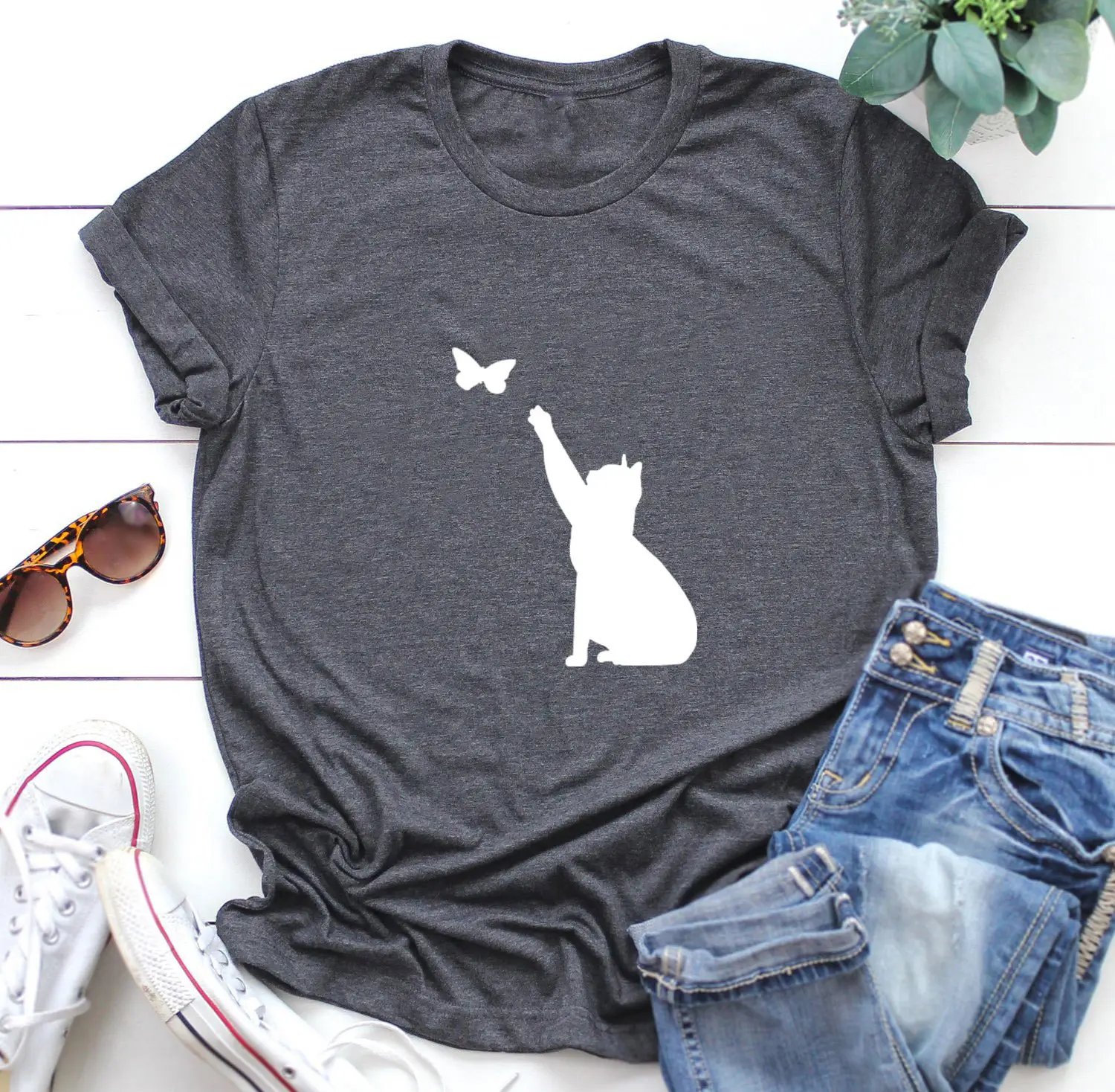 Men Women T-Shirt Blue Butterfly Cat Print - Image 13