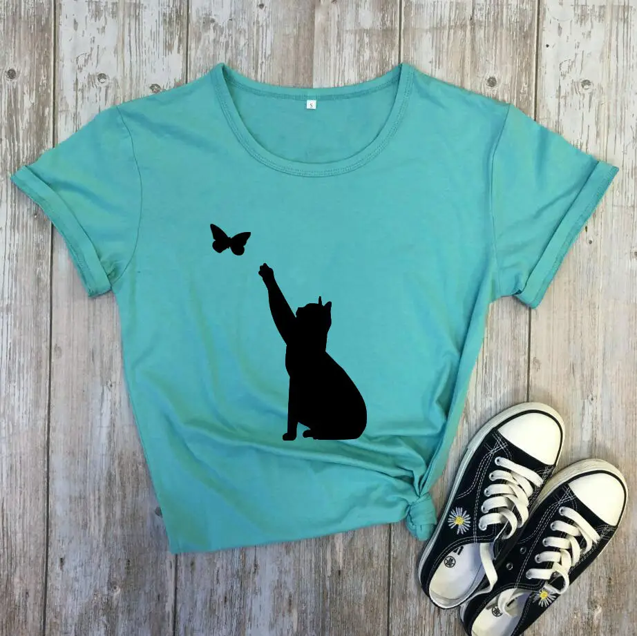 Men Women T-Shirt Blue Butterfly Cat Print - Image 14