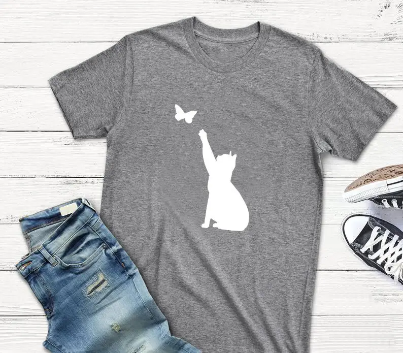 Men Women T-Shirt Blue Butterfly Cat Print - Image 15