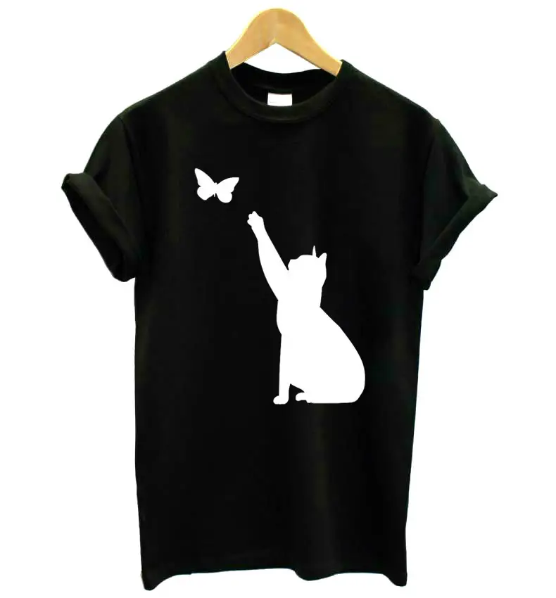 Men Women T-Shirt Blue Butterfly Cat Print - Image 2