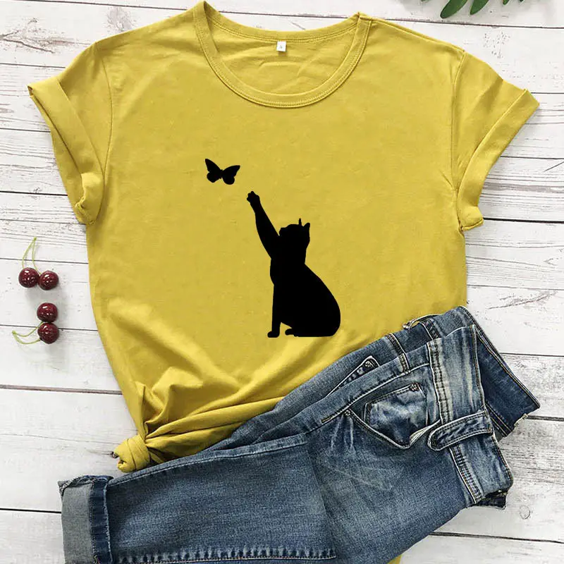 Men Women T-Shirt Blue Butterfly Cat Print - Image 3