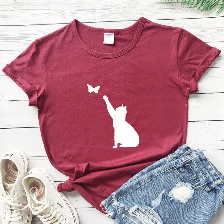 Men Women T-Shirt Blue Butterfly Cat Print - Image 5