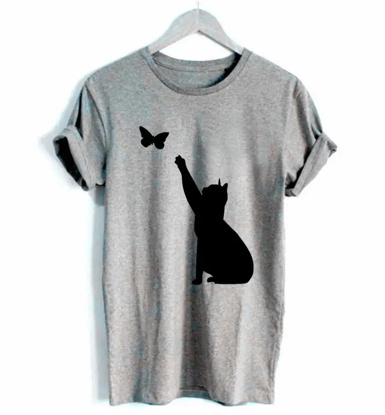 Men Women T-Shirt Blue Butterfly Cat Print - Image 6