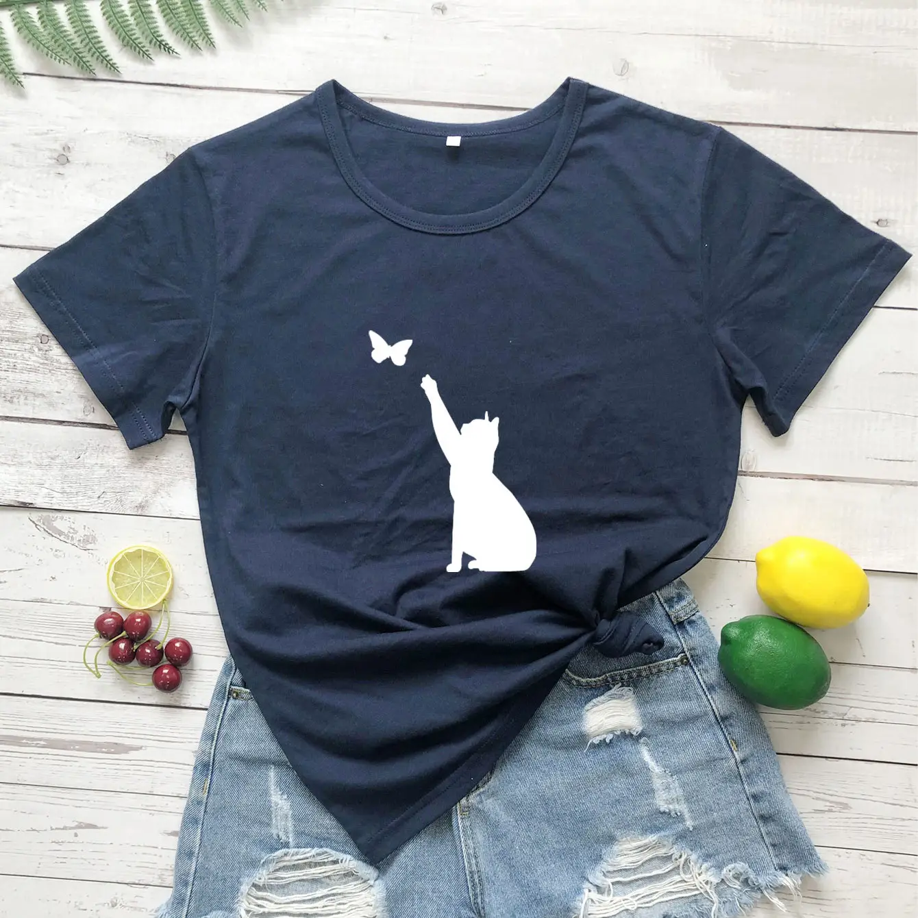 Men Women T-Shirt Blue Butterfly Cat Print - Image 7