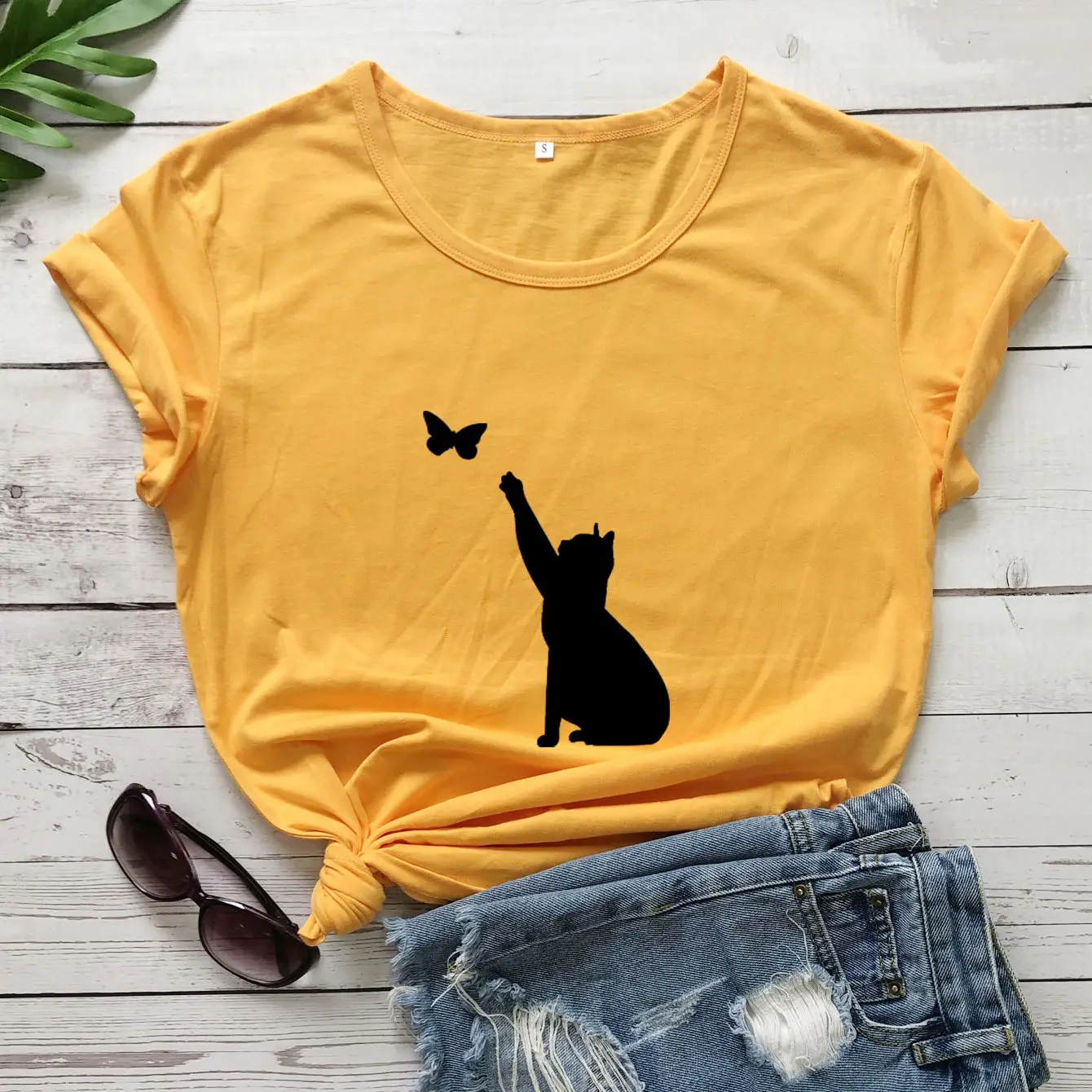Men Women T-Shirt Blue Butterfly Cat Print - Image 8