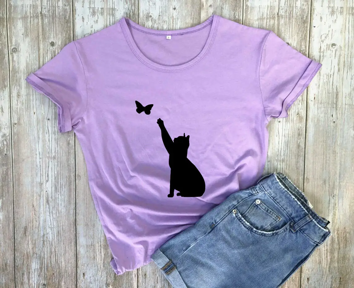 Men Women T-Shirt Blue Butterfly Cat Print - Image 9