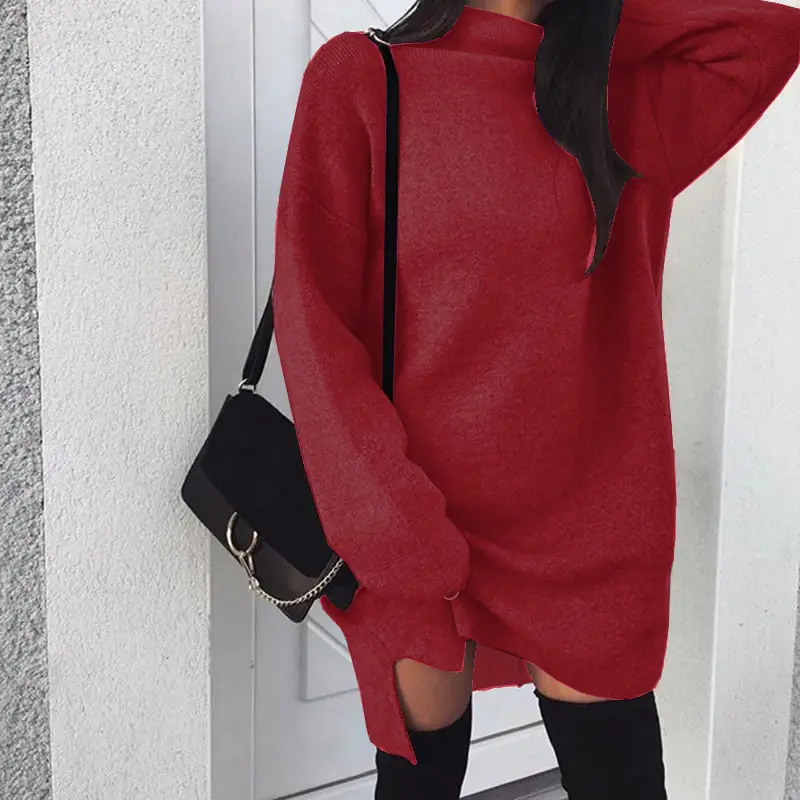 Women Grey Knitted Long Sleeve Split Dress Large - Image 8