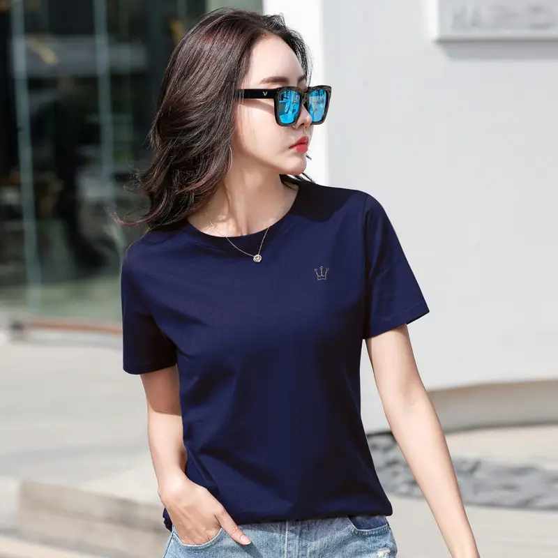 Women's 2024 Round Neck T-Shirt Navy Blue - Image 9
