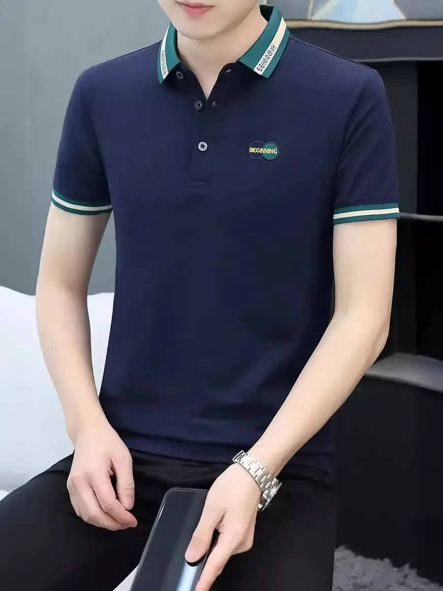 Men's Navy Blue Polo Shirt with White Trim 2024 Summer