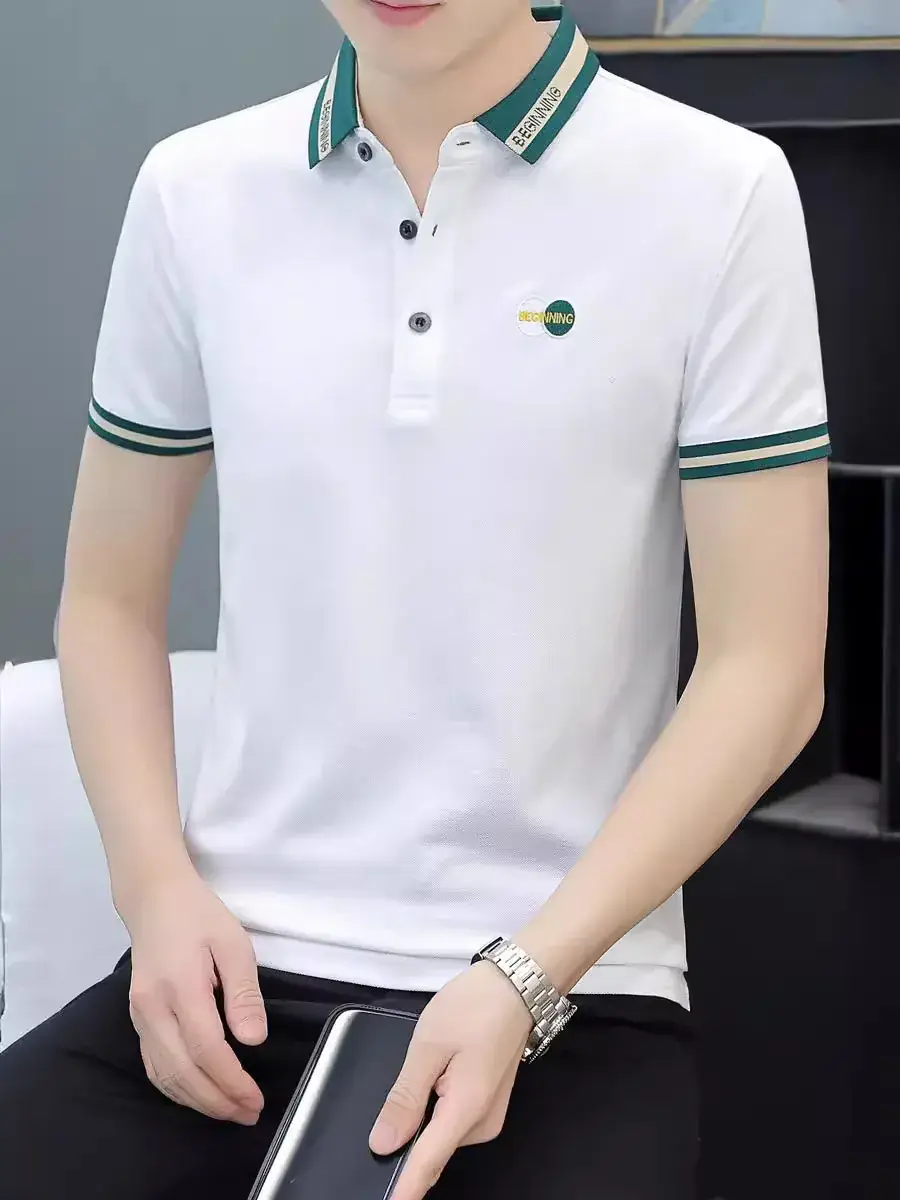 Men's Navy Blue Polo Shirt with White Trim 2024 Summer