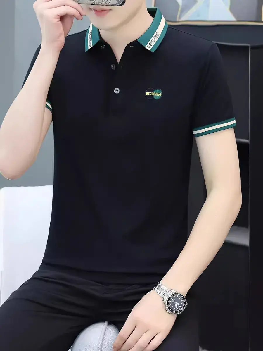 Men's Navy Blue Polo Shirt with White Trim 2024 Summer