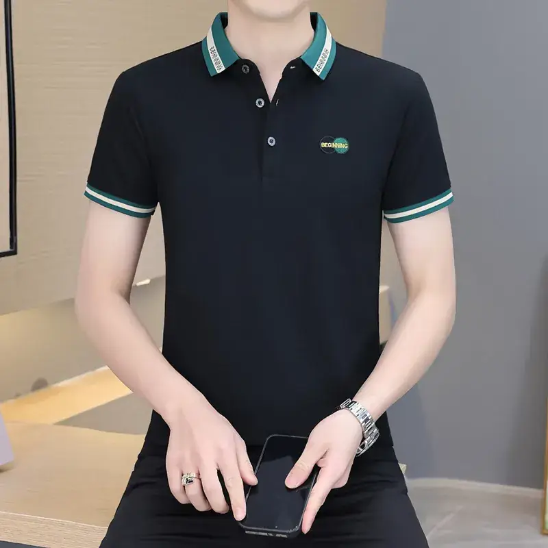 Men's Navy Blue Polo Shirt with White Trim 2024 Summer