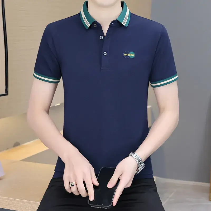 Men's Navy Blue Polo Shirt with White Trim 2024 Summer