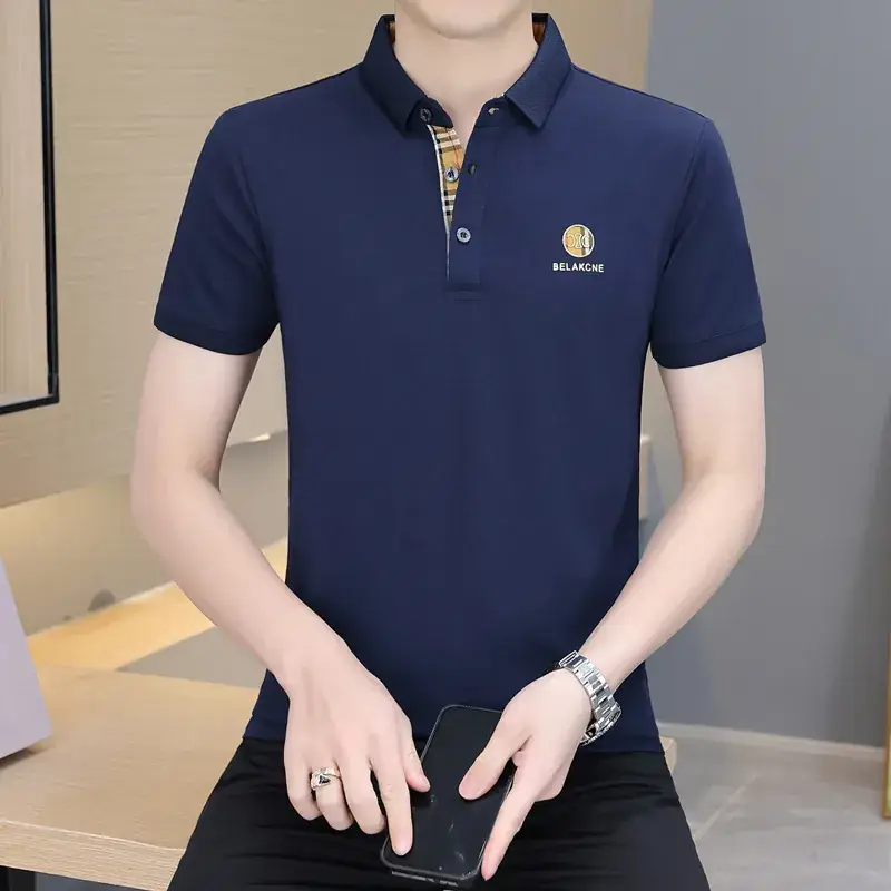 Men's Navy Blue Polo Shirt with White Trim 2024 Summer