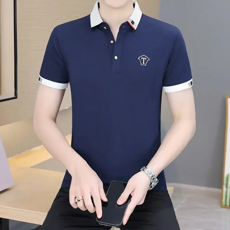 Men's Navy Blue Polo Shirt with White Trim 2024 Summer