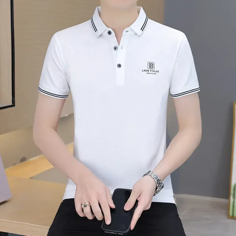 Men's Navy Blue Polo Shirt with White Trim 2024 Summer